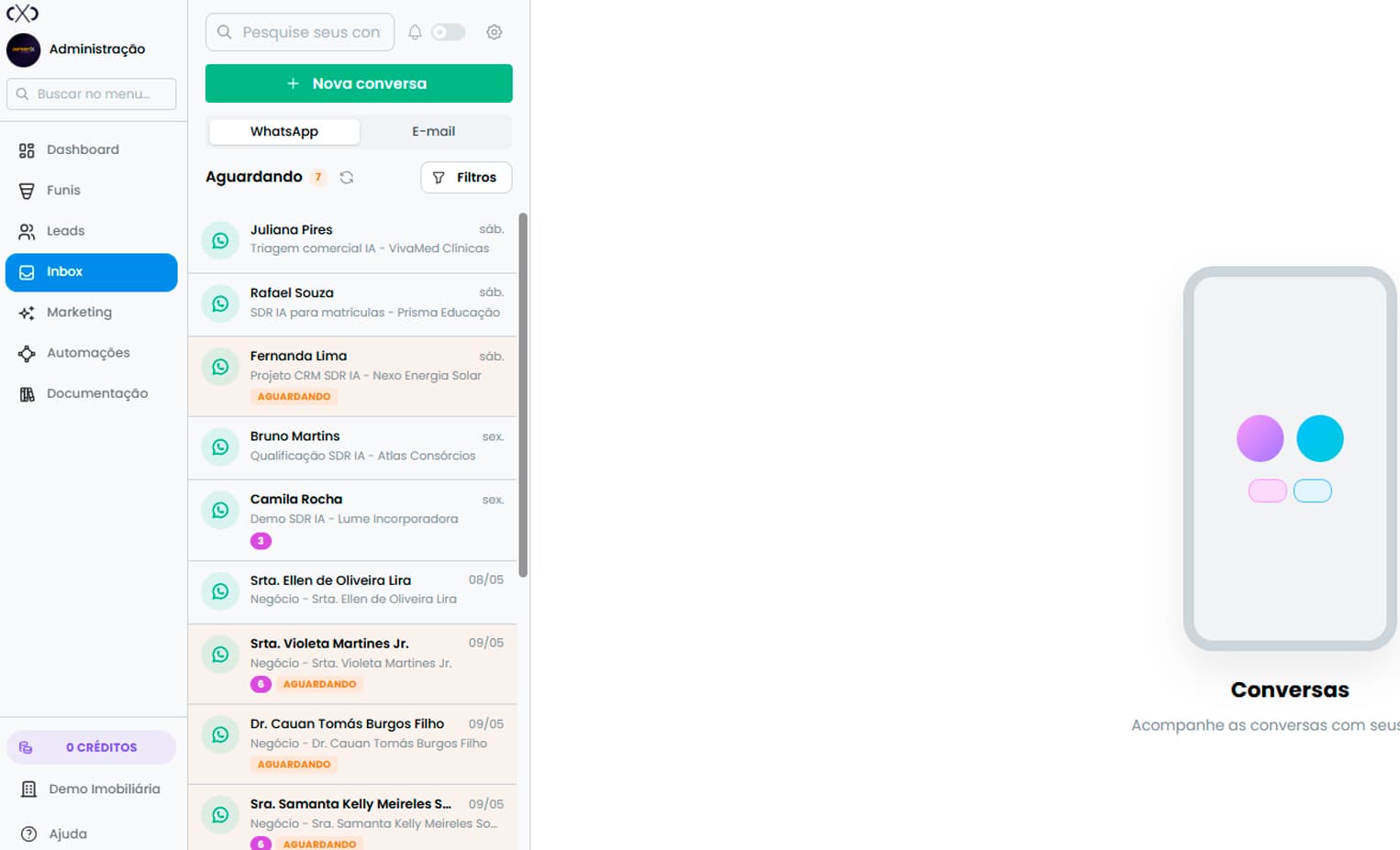 Inbox multicanal do CRM ConvertX com WhatsApp e negócios ligados ao funil
