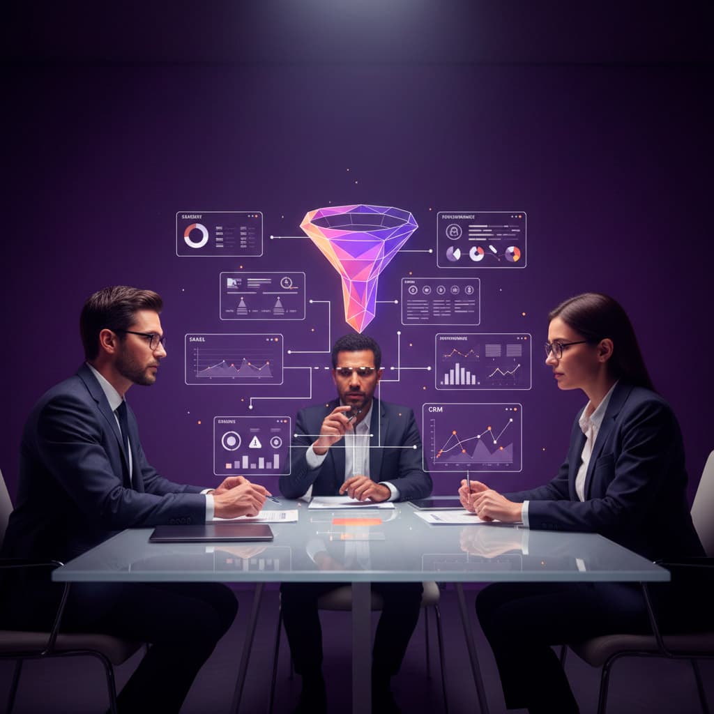 Equipe comercial em reunião com funil e painéis CRM em holograma